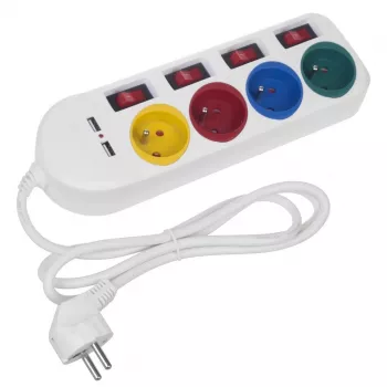 Regleta MACLEAN MCE229W — 4 tomas, 2× USB, cable de 1,5 m, Type F, 10 A, blanca