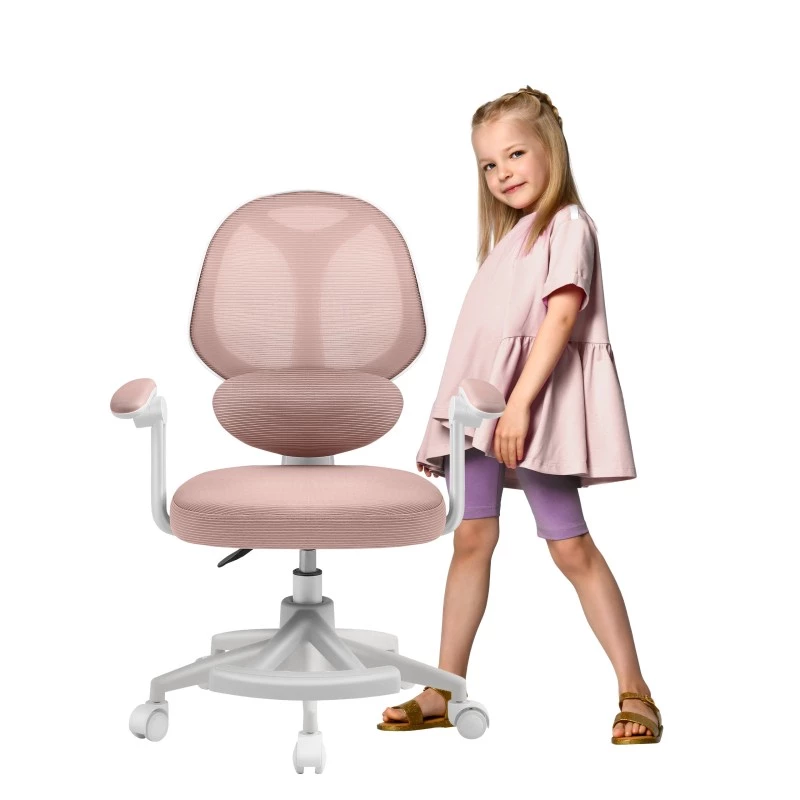 Silla giratoria infantil mark adler Junior 4.5 rosa — respaldo de malla, asiento de espuma, altura ajustable 40–50 cm, reposabrazos, soporte lumbar, ruedas (envase abierto)