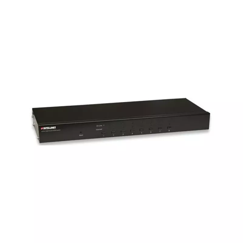 Conmutador KVM Intellinet 8 puertos para rack, combo USB + PS/2, visualización en pantalla, cables incluidos (conector europeo de 2 pines)