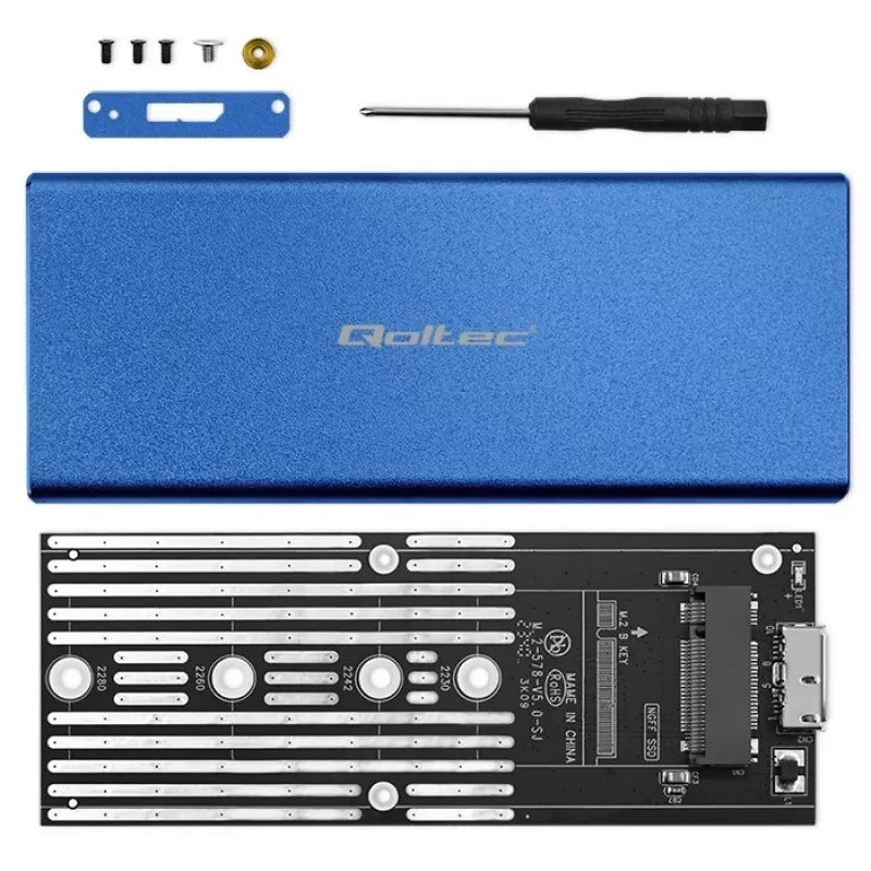 Carcasa SSD QOLTEC 51832 — externa M.2 SATA, USB 3.0, hasta 2 TB, azul, compatible con unidades de 30 mm, 4 ranuras