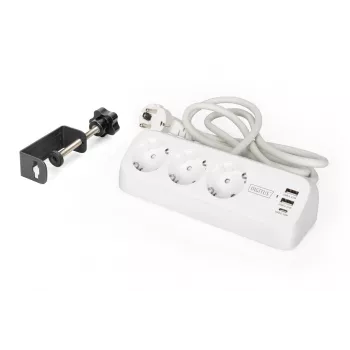 Regleta de enchufes DIGITUS 3 tomas con 2×USB-A y 1×USB-C, 3 tomas de CA tipo E/F, cable de 1,5 m, blanca