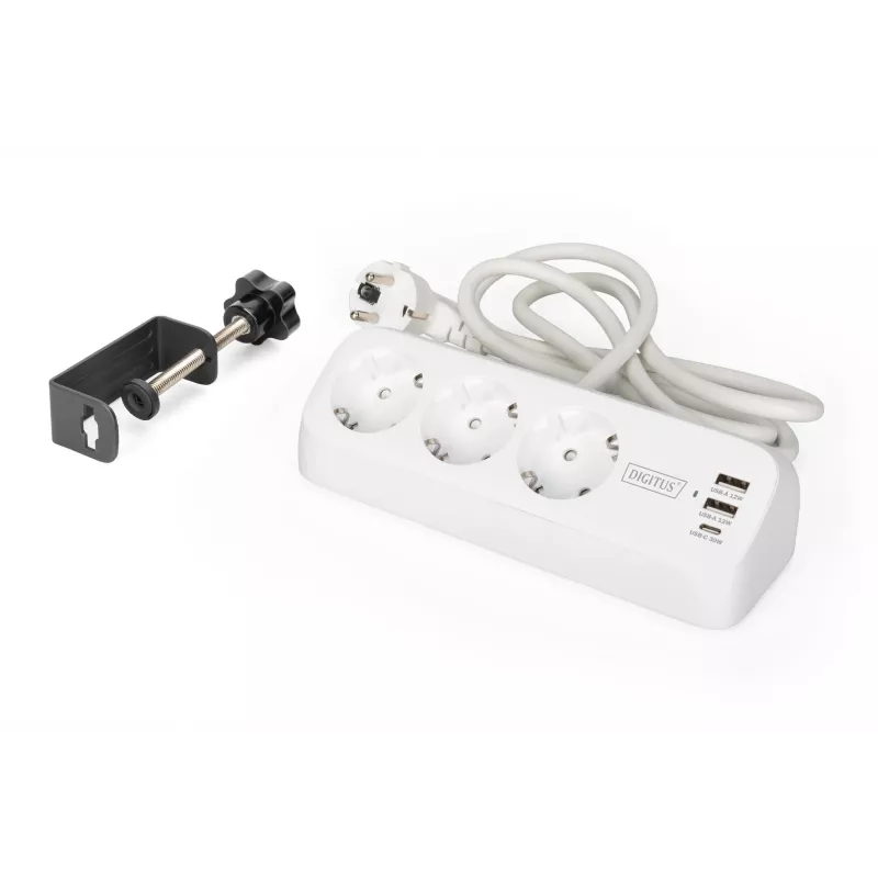 Regleta de enchufes DIGITUS 3 tomas con 2×USB-A y 1×USB-C, 3 tomas de CA tipo E/F, cable de 1,5 m, blanca