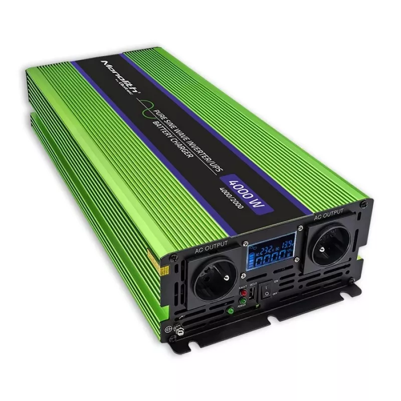 Qoltec Monolith Convertidor de tensión | Carga de batería | SAI | 2000W | 4000W | 12V a 230V | Onda senoidal pura | LCD negro-verde