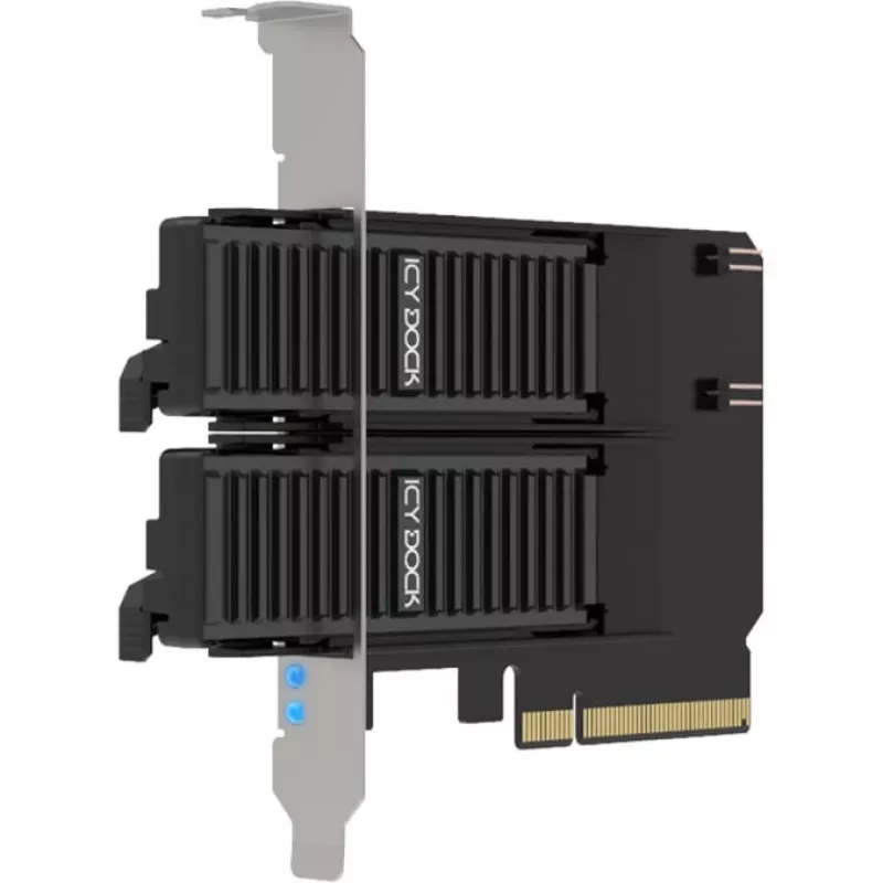 Tarjeta adaptadora PCIe icybox MB312M4P-B — 2× M.2 NVMe a PCIe 4.0 x8 (bifurcación)