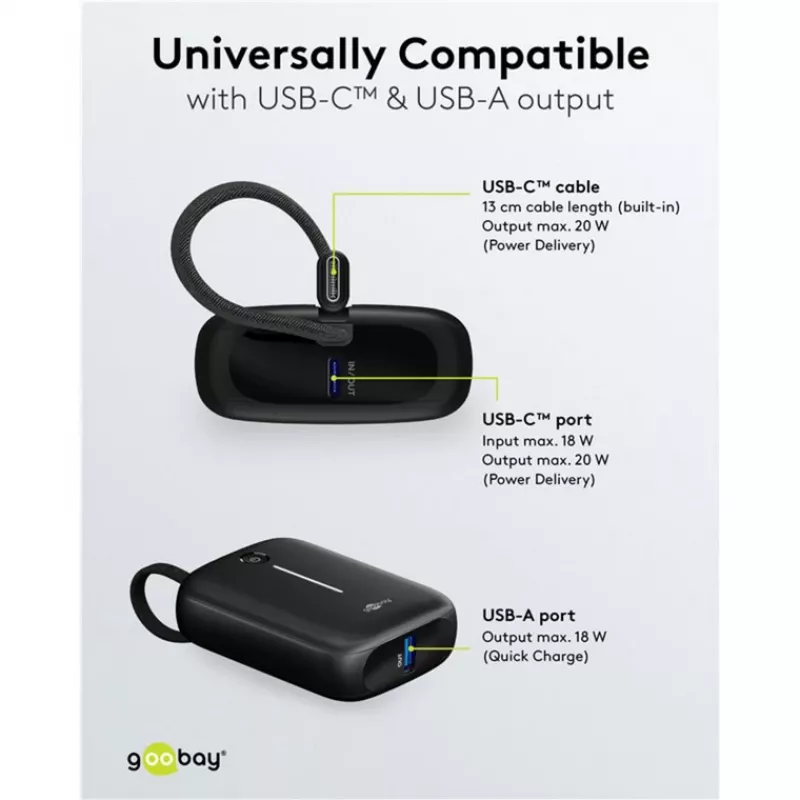 Batería externa portátil Goobay 10.000 mAh con cable USB-C integrado – 20 W compacta para llevar (76251)
