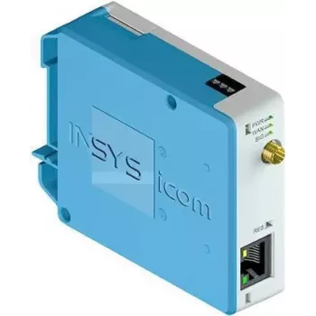 Router móvil INSYS icom MIRO-L100 — Fast Ethernet 10/100 Mbps, antena externa, alimentación DC, montaje en pared