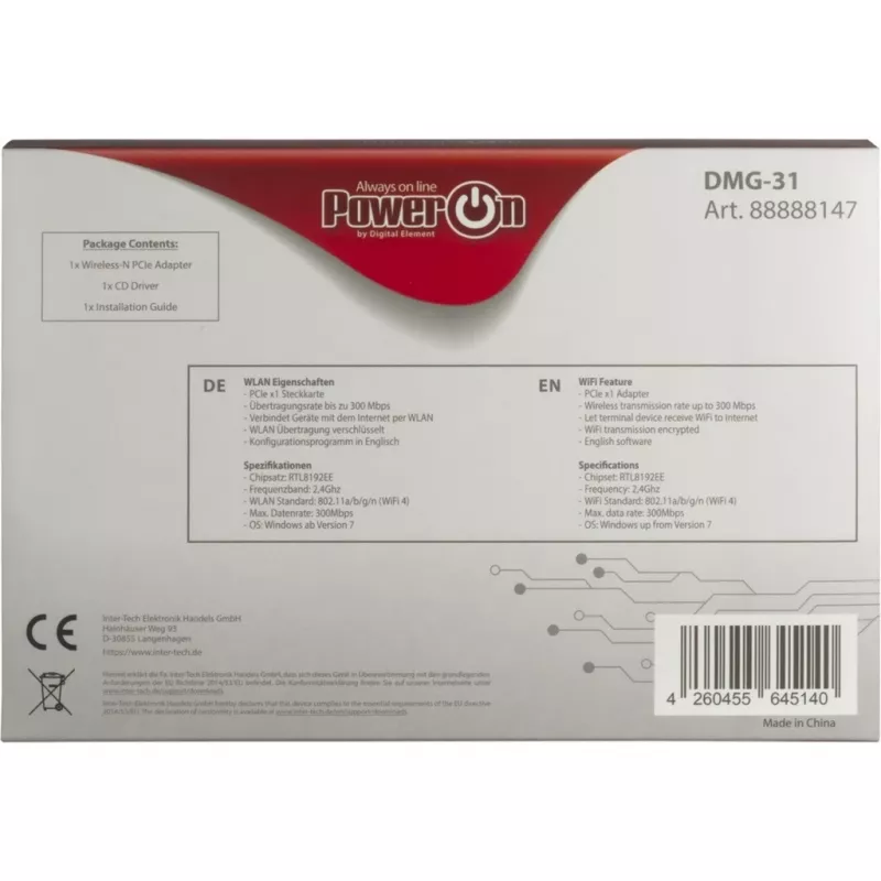 Inter-Tech DMG-31 - Interno - Inalámbrico - PCI Express - Wi-Fi - Wi-Fi 4 (802.11n) - 300 Mbit/s (88888147)