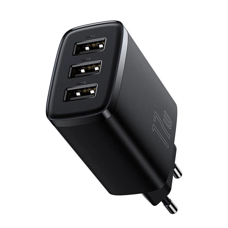 Baseus Cargador rápido compacto, 3x USB, 17 W (Negro)
