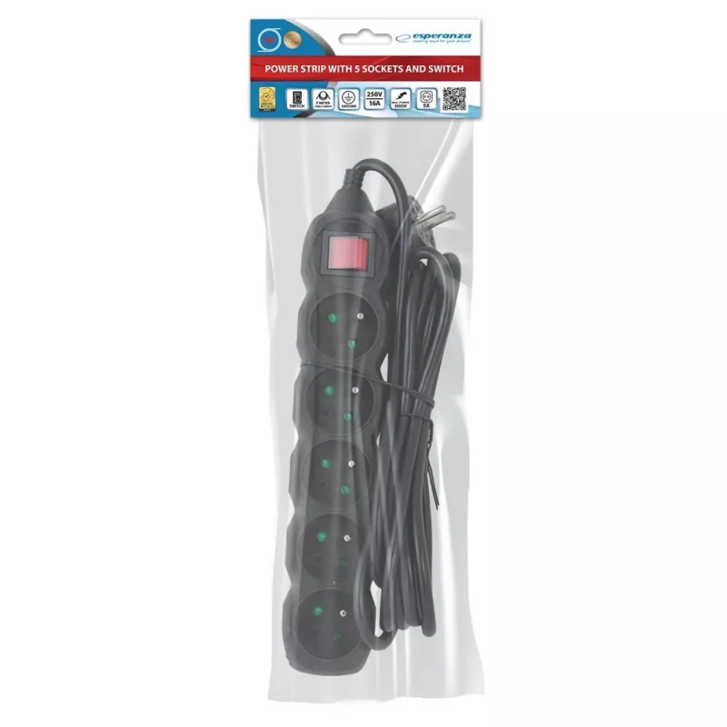 Alargador Esperanza ELK215K – cable de 3 m, 5 tomas con toma de tierra tipo E, para interiores, negro