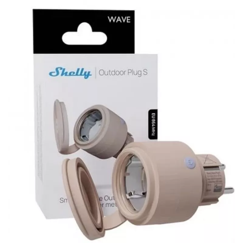 Shelly Wave Outdoor Plug S LR enchufe inteligente para exterior, Z-Wave Long Range, IP44, 230 V, 12 A, 2500 W, medición de energía, SmartStart, OTA, LED, mocha