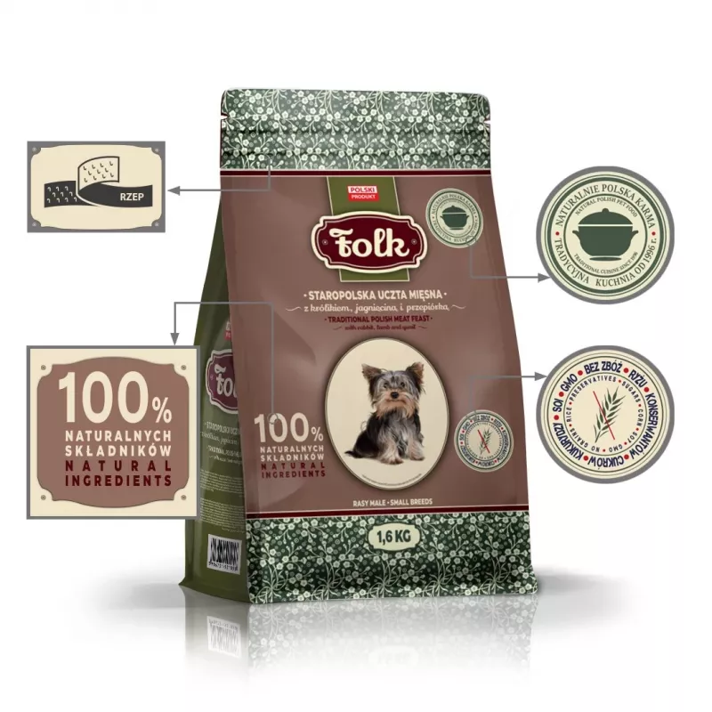 FOLK Razas pequeñas Tradicional festín de carne polaco con conejo, cordero y codorniz - Comida seca para perros - 1,6 kg