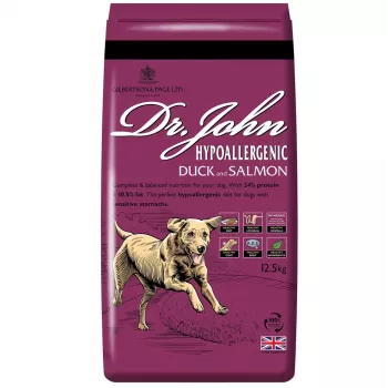 Alimento seco para perros Dr. John Hypoallergenic Duck with Salmon — Alimento completo para perros adultos, 12,5 kg, 24 % proteína, 10,5 % grasa