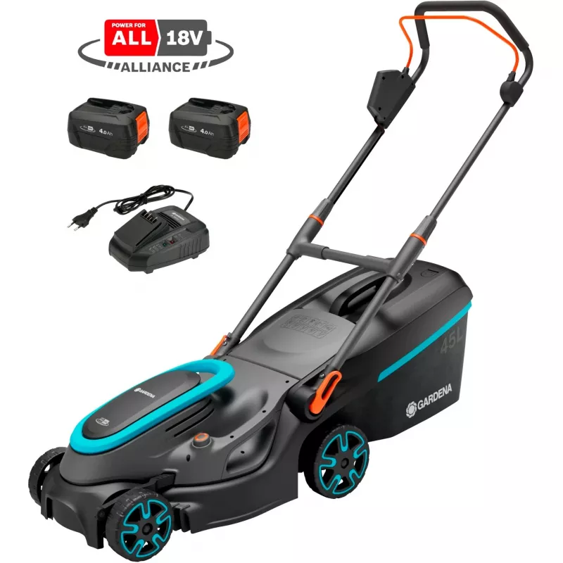Cortacésped a batería Gardena PowerMax 37/36V P4A, set listo para usar, ancho de corte 37 cm, 36 V (2x 18 V), 2 baterías Li-Ion de 4,0 Ah (POWER FOR ALL ALLIANCE), cargador, negro/gris