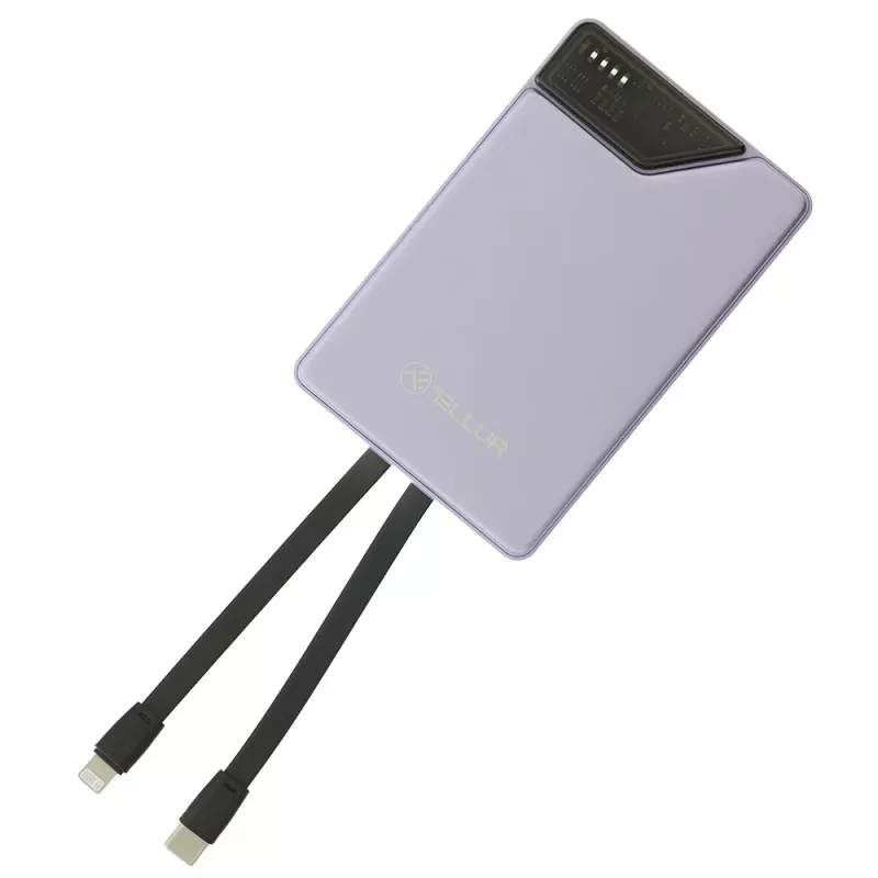 Batería portátil Tellur TLL158441, 10000 mAh, cables USB-C y Lightning integrados, violeta