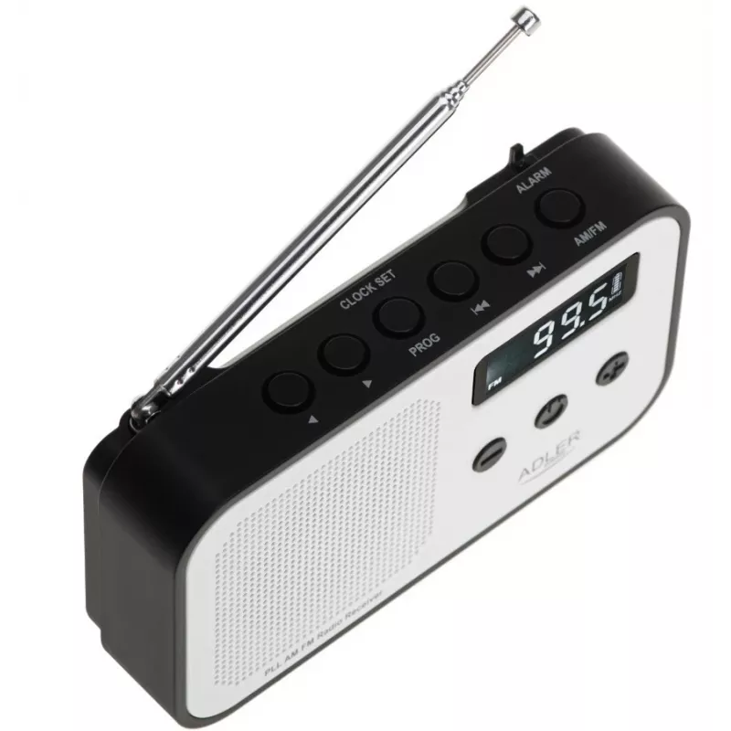 Adler AD 1907 radio digital PLL, AM/FM, 40 presintonías, alarma con repetición, USB-C, batería recargable integrada, conector de 3,5 mm, blanco/negro