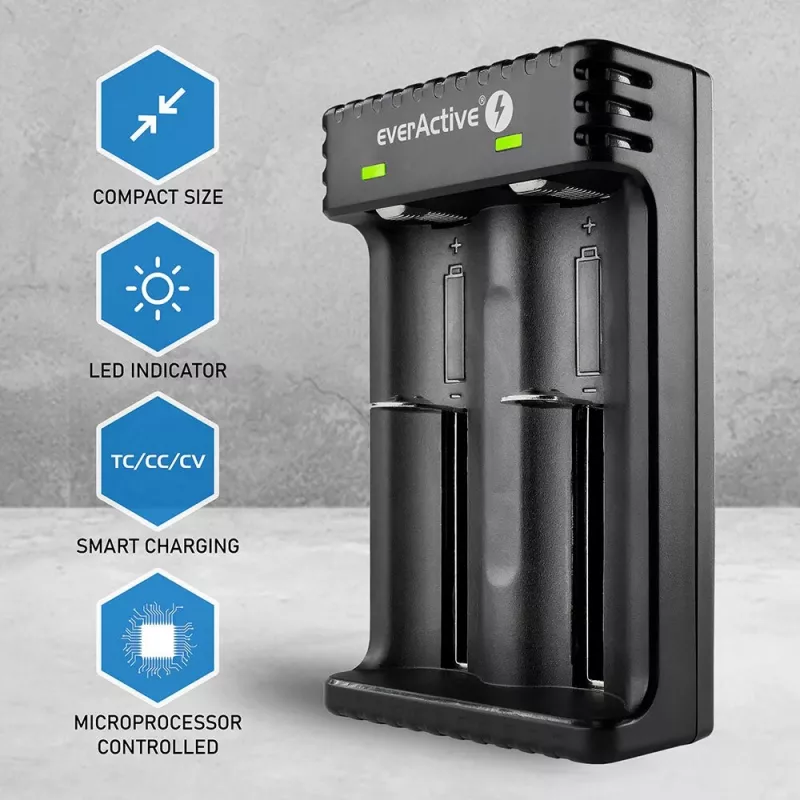 Cargador de pilas everActive LC200 Hogar USB, 2 compartimentos, Li-Ion, compatible con A/AA/AAA/AAAA/C/D, entrada 5 V, salida 4,2 V, negro