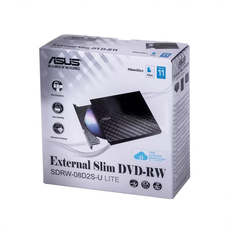 Unidad óptica externa DVD±RW ASUS SDRW-08D2S-U Lite, USB 2.0, negra, 24x CD / 8x DVD, 142×142×20 mm