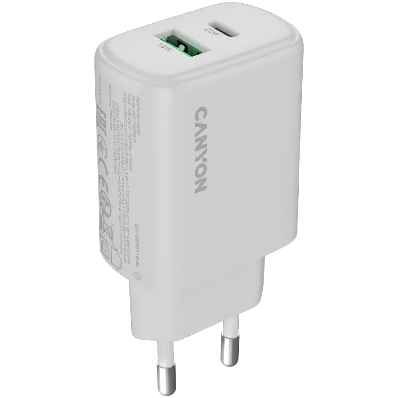 Cargador CANYON OnCharge 250 25W 1xPD 1xQC EU blanco