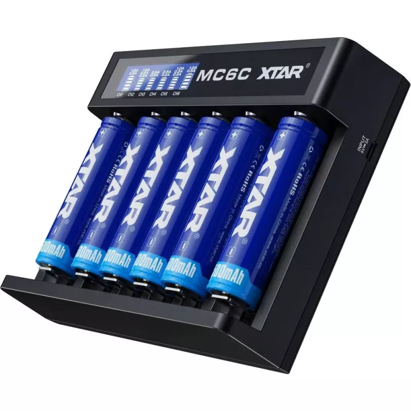 XTAR MC6C cargador multislot inteligente para celdas cilíndricas de Li-Ion, 6 ranuras, compatible con 18650/21700/AA, entrada 5V, negro