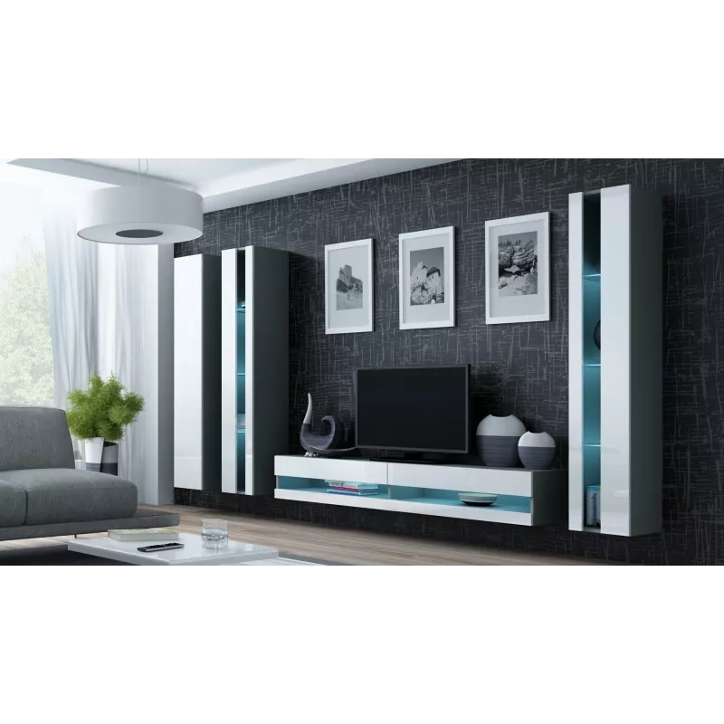 Soporte TV Cama Meble VIGO NEW 30/140/40 — 1400×400×300 mm, parte superior gris, tablero de partículas, marco gris, frentes blanco brillante