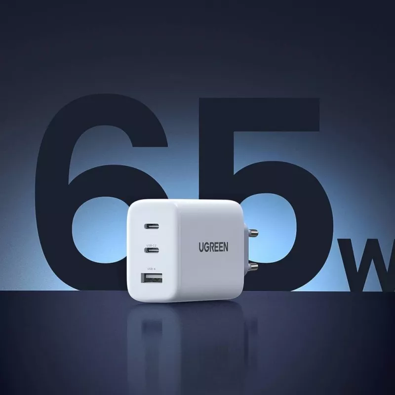 Cargador de pared UGREEN CD275 2× USB Type-C 65W Blanco — Doble USB-C 65W carga rápida, entrada 100–240V