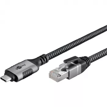 Cable Ethernet USB-C 3.2 Gen2 Conector macho > Conector macho RJ-45, adaptador LAN negro/Plata, 1,5 metros, funda de textil trenzado