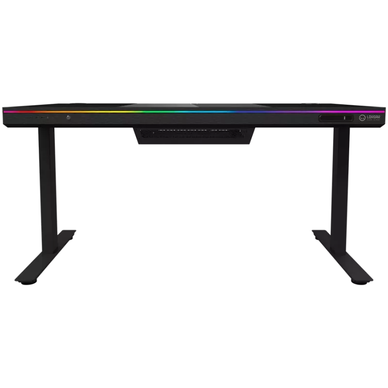 Mesa gaming de altura ajustable con doble motor, función sentado/de pie, caja de PC integrada, cargador inalámbrico, iluminación RGB, panel de control y puertos USB, tablero de vidrio templado, negro.