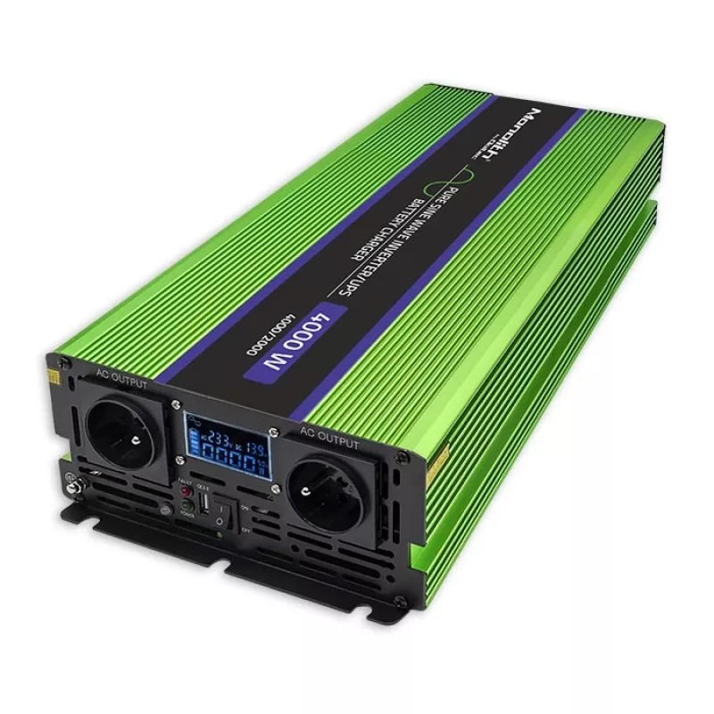 Qoltec Monolith Convertidor de tensión | Carga de batería | SAI | 2000W | 4000W | 12V a 230V | Onda senoidal pura | LCD negro-verde