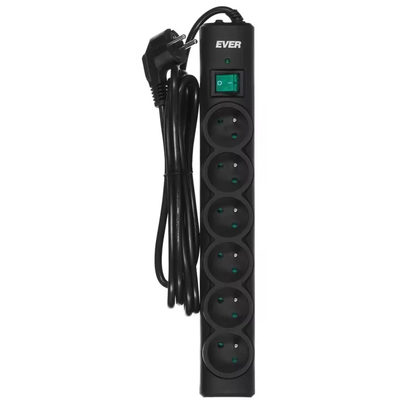 EVER Optima T/LZ08-OPT030/0000 regleta con protección contra sobretensiones, 6 tomas, 3 m, 250 V, protección infantil, interruptor, negra