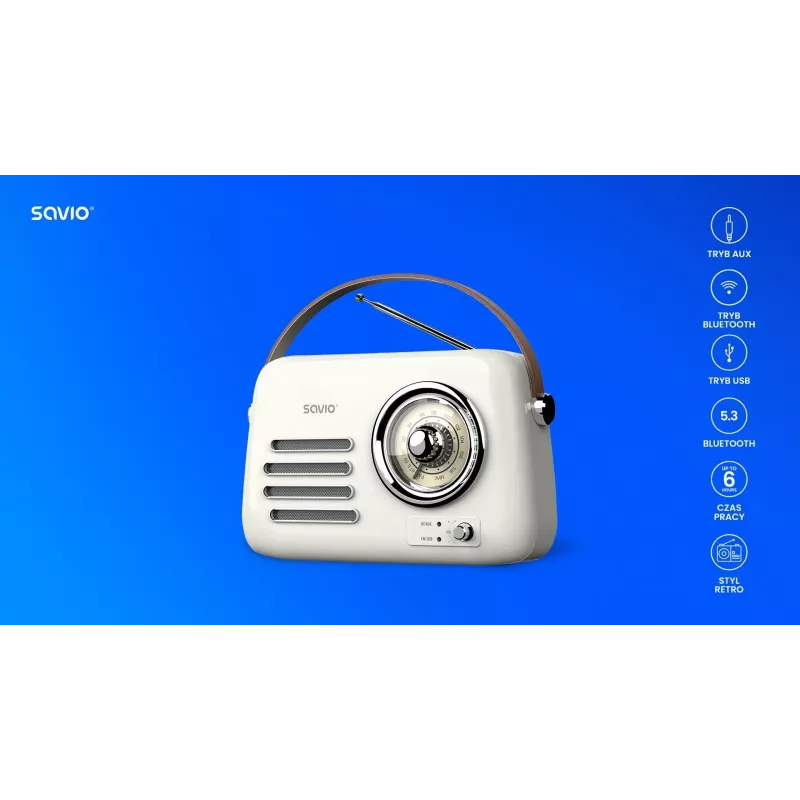 Radio portátil SAVIO RS-02 — sintonizador FM analógico, Bluetooth 5.3, alimentación por USB, 3 W, blanco
