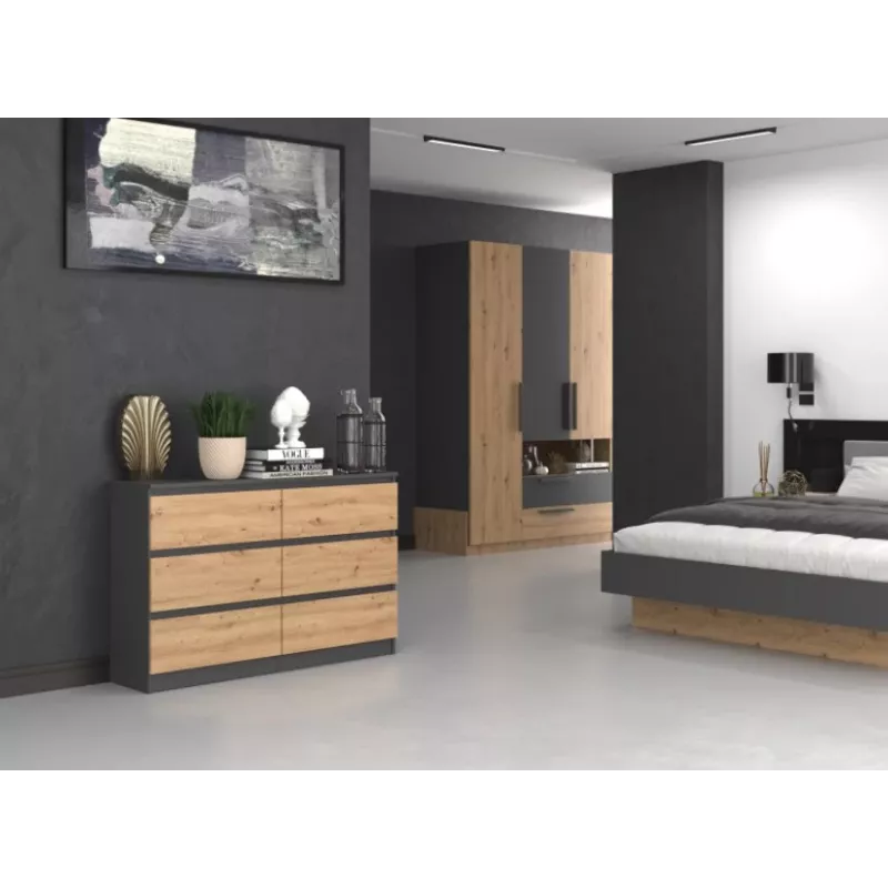 Cómoda top e shop M6 120 — antracita/roble, 6 cajones, 1200×300×770 mm, tablero de partículas