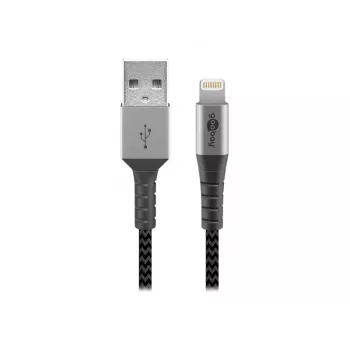 Cable USB-A a Lightning GOOBAY 2 m, funda textil, diámetro 3,3 mm, gris espacial/plata