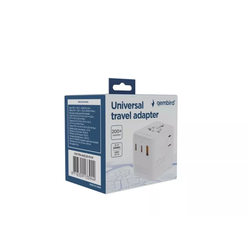 Fuente de alimentación de viaje GEMBIRD TPA-1A2C20-01-W — 20 W, USB-A (18 W) + 2× USB-C (20 W), enchufe tipo E, blanco