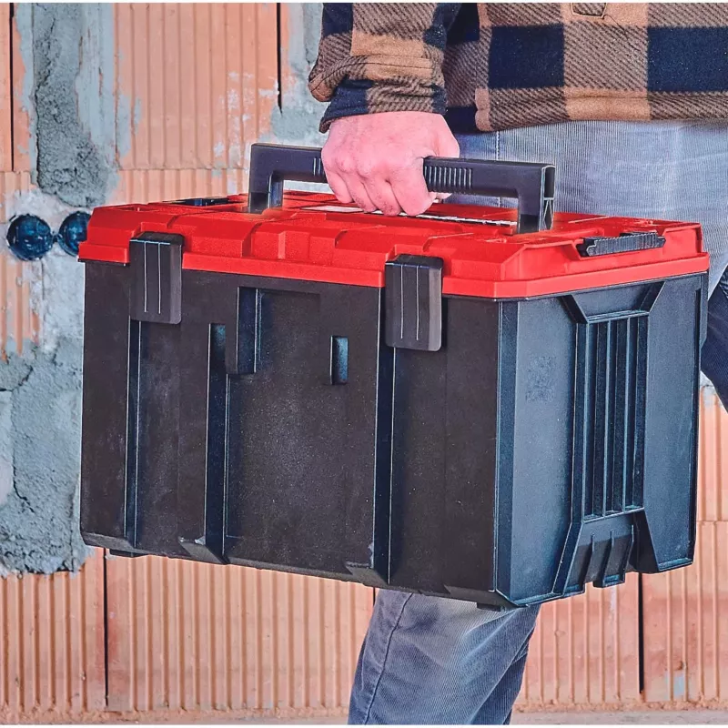 Einhell 4540021 E-Case M maletín de sistema, caja de herramientas, polipropileno, capacidad de carga de 90 kg, negro/rojo