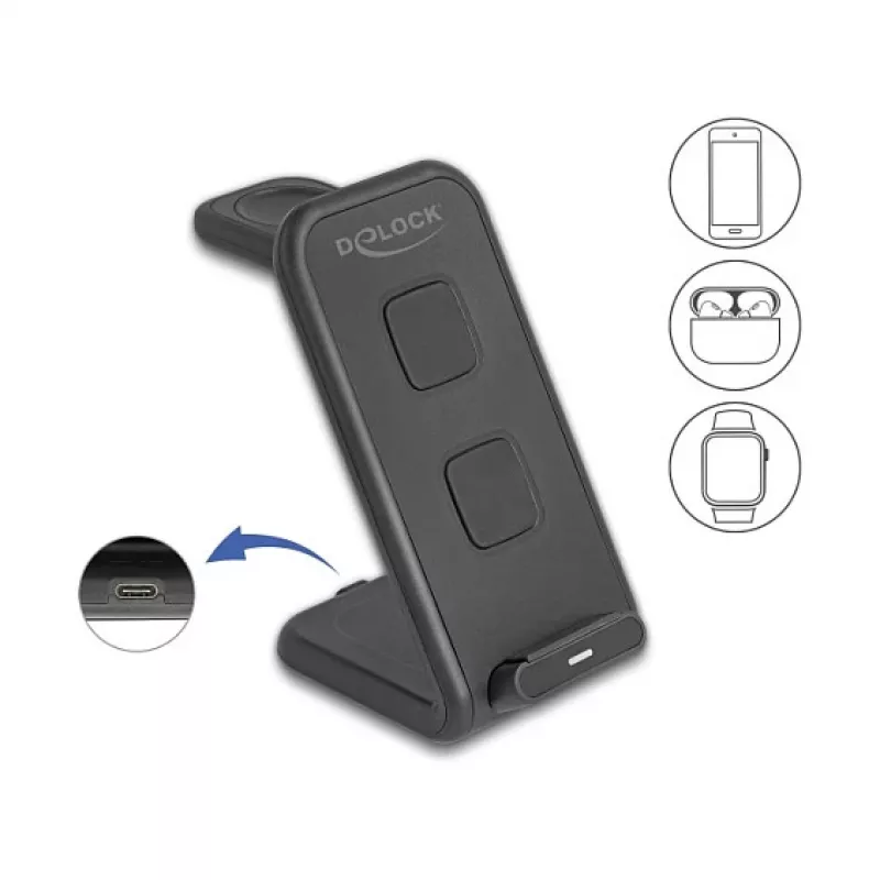 DELOCK 66941 Cargador inalámbrico 3 en 1 para smartphone smartwatch auriculares USB Type-C 15 W interior negro