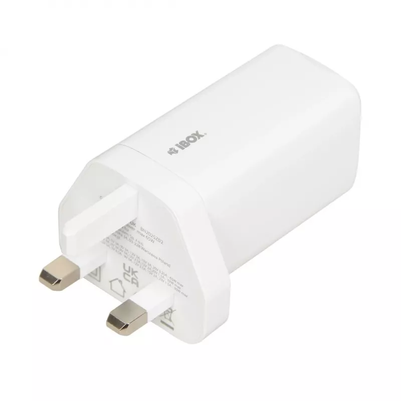 iBOX C-65 blanco, cargador universal GaN 65W con conector macho UK