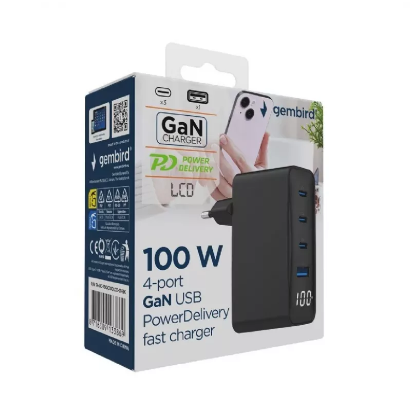 Gembird TA-UC-PDQC100LCD-01-BK Cargador para dispositivos móviles, portátil, smartphone, negro, carga rápida AC, interior