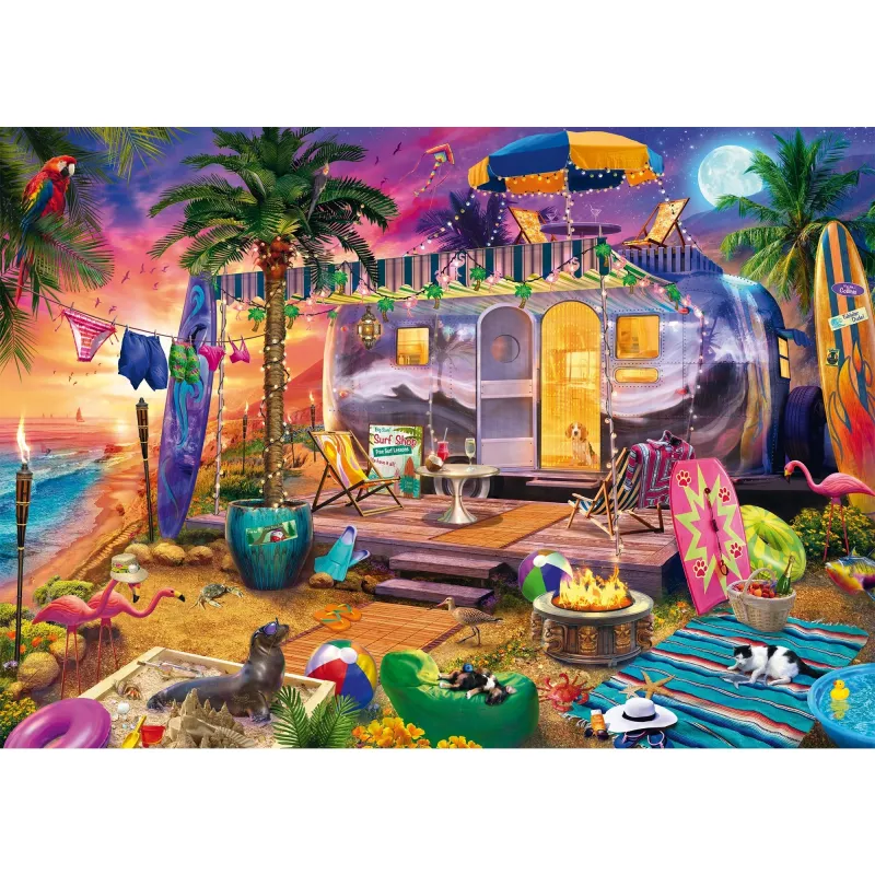 Puzle Schmidt Spiele Jeff Haynie 1000 piezas — Wohnwagen am Meer, puzle paisajístico de 1000 piezas