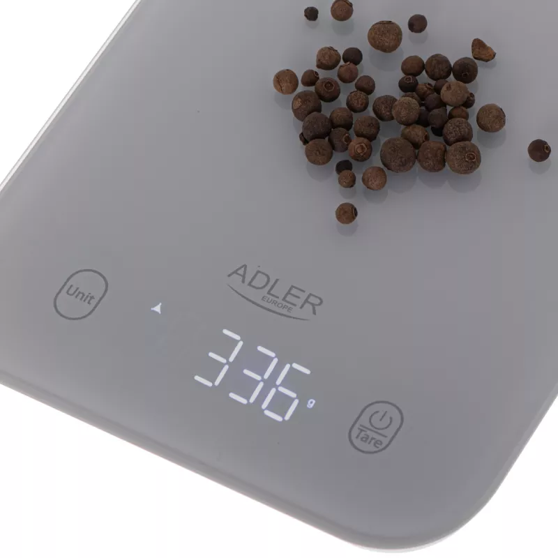 Báscula de cocina Adler AD 3181, vidrio templado, capacidad 10 kg, precisión 1 g, pantalla LCD, gris