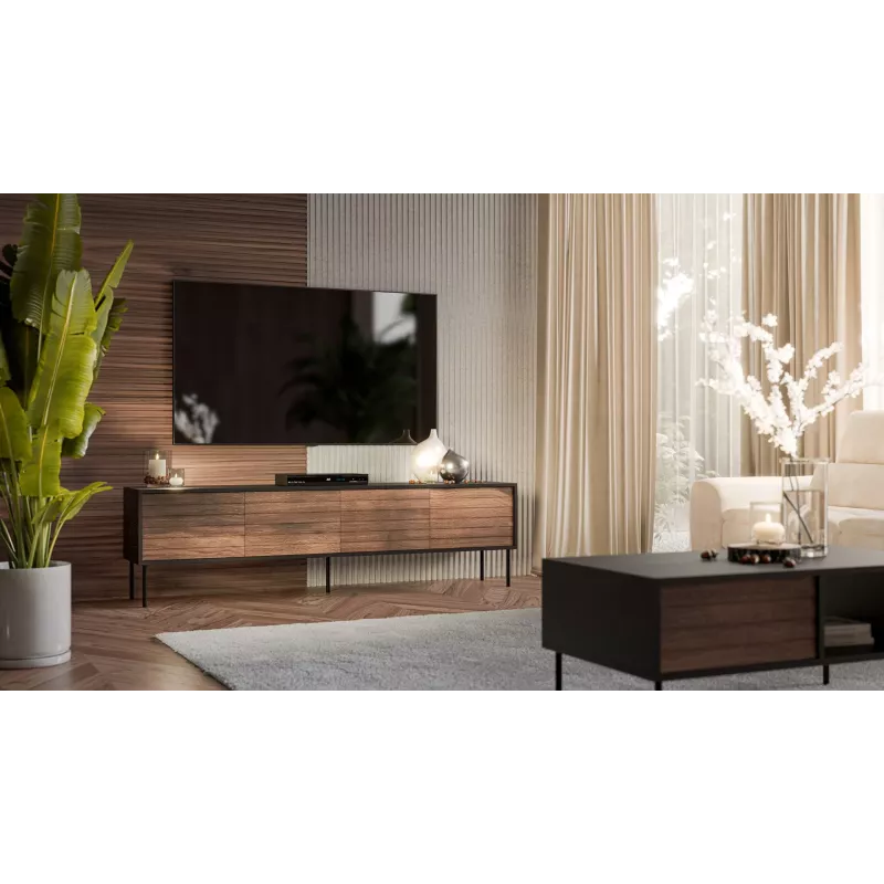 Mueble TV cama meble CORTINA 4D 200x40x55 cm, parte superior negra, frentes color nogal