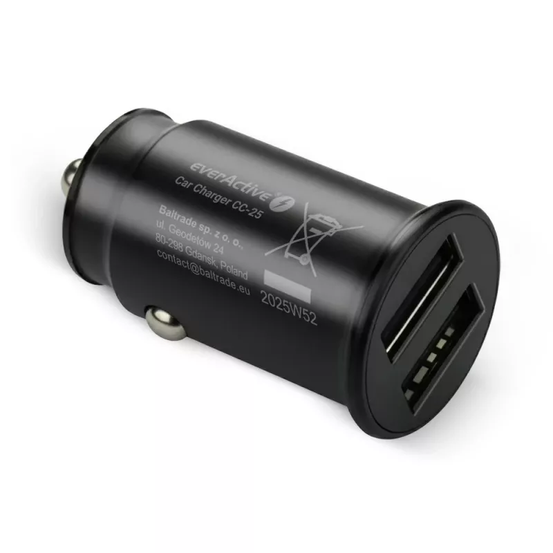 Cargador de coche everActive CC-25 — 2x puertos USB, 12W de potencia total, corriente de vehículo 12V–24V
