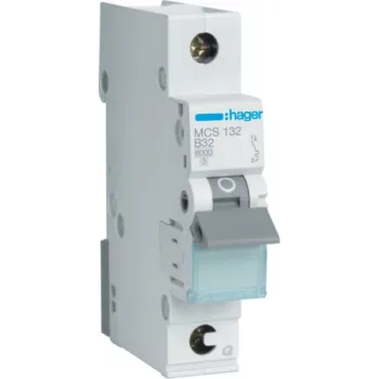 Hager MCS132. Corriente nominal: 32 A. Tipo: curva C, número de módulos (máx.): 1 módulo(s). Ancho: 17,5 mm, profundidad: 70 mm, altura: 83,4 mm (MCS132)