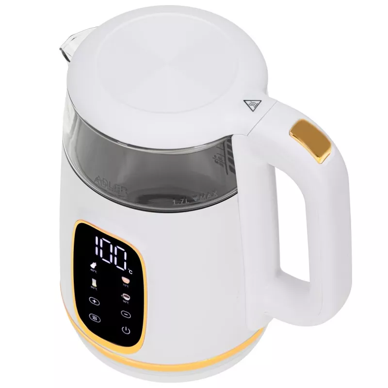 Hervidor de agua Adler AD 1305WG — 1,7 l, 2200 W, vidrio/plástico, blanco/dorado/transparente