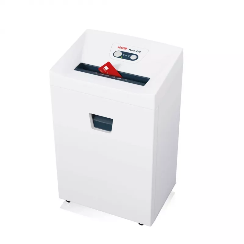 Destructora HSM Pure 420 — corte en partículas P-4, ancho de trabajo 24 cm, capacidad 15 hojas, depósito 35 L, blanca