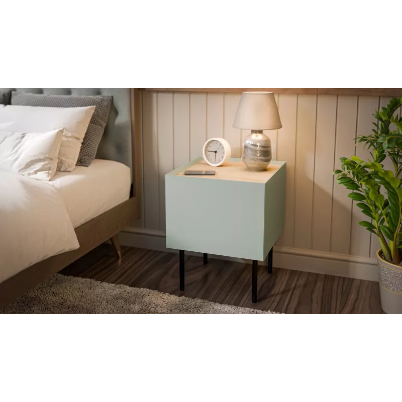 Mesita de noche Cama Meble FELLINI 40x41x60, oliva con tablero de roble aceitado, 1 cajón, pack de 2