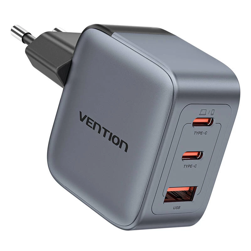 Cargador GaN Vention FEXH0-EU 70W — 2x USB-C + 1x USB-A, PD 70W, 100–240V