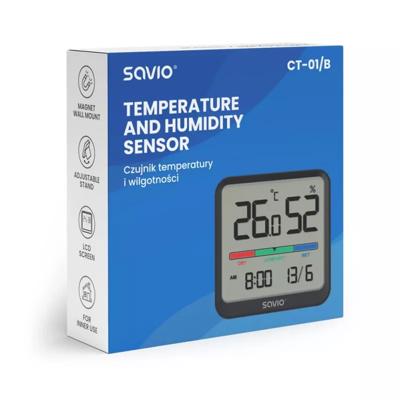 Savio CT-01/B sensor inalámbrico de temperatura y humedad para interior, LCD, reloj, fecha, soporte magnético, negro