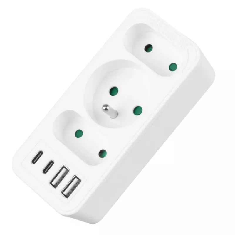Regleta de enchufes MACLEAN MCE248 F/W — 3 tomas AC (1×16A, 2×6A) + 4×USB (2×A, 2×C PD 20W), conector EU, blanco