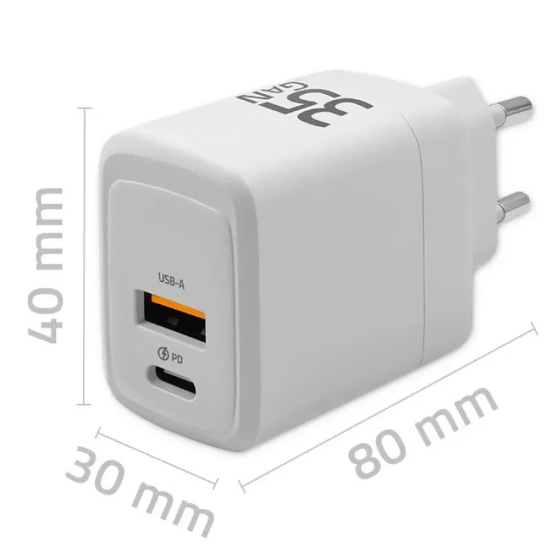 Cargador QOLTEC 51824 GaN 35W USB-C PD y USB QC 3.0, 5–20V, 1x USB-C, 1x USB-A