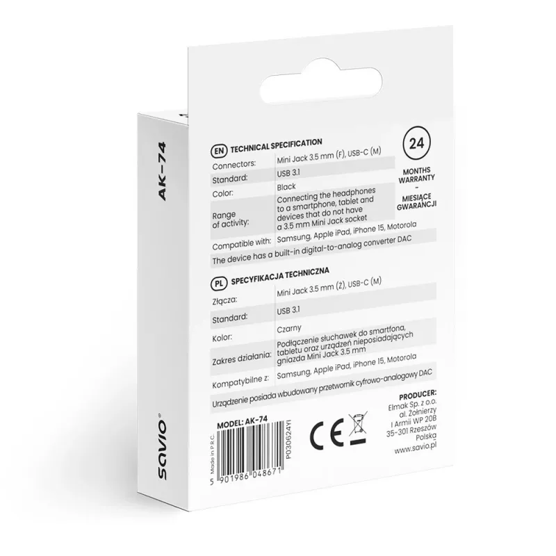 Adaptador de audio USB-C Jack 3,5mm AK-74